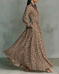 Long Sleeves Buttoned Contrast Color Leopard Pleated Pockets Lapel Maxi Dresses