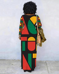 Geometric Print Crew Neck Long Sleeve Dress