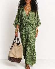 V-Neck Batwing Sleeves Ruched Waist Leopard Print Maxi Dress