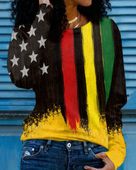 Flag Print Crew Neck Long-sleeved T-shirt