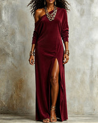 Corduroy Fashion Side Slit Maxi Dress