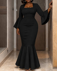 Square Neck Flare Long Sleeve Mermaid Maxi Dress