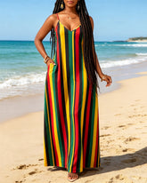 Reggae Color Stripes Color Blocking Print Halter Maxi Dress