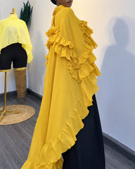 Mock Neck Tiered Ruffle Chiffon Cape Long Blouse