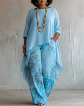 Irregular Long-sleeved Top and Wide-leg Pants Two-piece Set