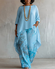 Irregular Long-sleeved Top and Wide-leg Pants Two-piece Set