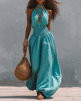 High-neck Off-shoulder High-waisted Wide-leg Jumpsuit