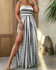Spring Summer Boho Aesthetic Halter Romper, Beach Vacation Essential Beachwear, High Waist Loose Fit, Slit, All Over Print, Casual Style