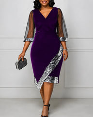 Women's Gold Velvet Irregular Sequins See-through Mesh Dress