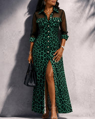 Lapel Collar Button‑Front Leopard Mesh Casual Dress with Slit