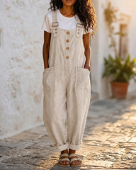 Solid Color Retro Cotton and Linen Pocket Loose Button-Front Overalls