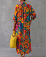 Half Sleeves Loose Buttoned Contrast Color Floral Printed Split-Front Lapel Maxi Dresses Shirt Dress