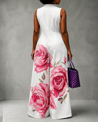 High Waisted Loose Flower Print Pleated Pockets Round-Neck Jumpsuits