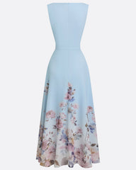 Light Blue Floral Chiffon V Neck Sleeveless A-Line Maxi Dress