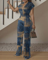 Tie-dye Denim Geometric Printing V-Neck Waist Straight Jumpsuit