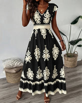Women's Elegant Short Sleeve V-Neck High Waist Elastic Waistband Boho Pattern Print Maxi Dress