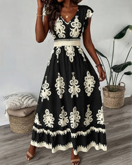 Women's Elegant Short Sleeve V-Neck High Waist Elastic Waistband Boho Pattern Print Maxi Dress