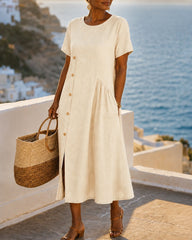Cotton-Linen Asymmetric Button Midi Dress