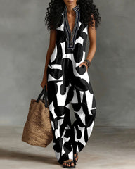 Geometric Print Linen Blend Sleeveless Jumpsuit With Zipper And Stand Collar