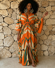Bohemian Floral Print Deep V-Neck Slit Thigh Vacation Dress