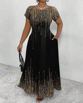 Elegant Glitter Print Round Neck Short Sleeve Maxi Dress