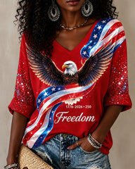 USA Independence Day Print V-neck Half Sleeved Loose Top