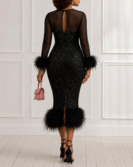 Sequin Mesh Long Sleeve Feather Trim Bodycon Dress Midi Dress