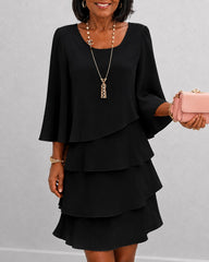 Round Neck Three-quarter Sleeves Elegant Layered Ruffle Dress