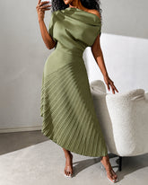 Women's Elegant Open Shoulder Dress With Pleated Panel Maxi Satin Women Outfit