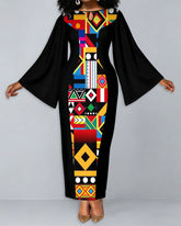 Colorful Geometric Patterns Round Neck Bell Sleeve Bodycon Long Dress