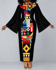 Colorful Geometric Patterns Round Neck Bell Sleeve Bodycon Long Dress
