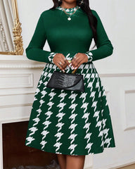 Houndstooth Print Round Neck Long Sleeves Midi Dress