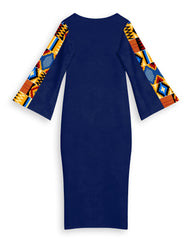 Ankara Printed Patchwork Round Neck Bell Sleeve Bodycon Long Dress