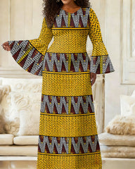 African Ethnic Tribal African Bell-Sleeve Vertical Stripe Slim Fit Dress