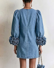 Stylish Denim Dress With 3d Floral Cuffs