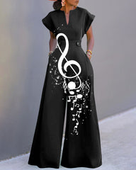 Fun Music Symbols Print Neckline Batwing Sleeve Wide Leg Jumpsuit