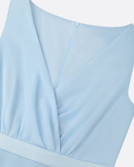 Light Blue Floral Chiffon V Neck Sleeveless A-Line Maxi Dress