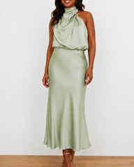Women's Satin Halter Design Midi Dress
