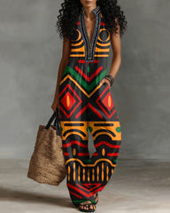Reggae Geometric Print Linen Blend Sleeveless Jumpsuit With Zipper And Stand Collar