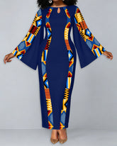 Ankara Printed Patchwork Round Neck Bell Sleeve Bodycon Long Dress