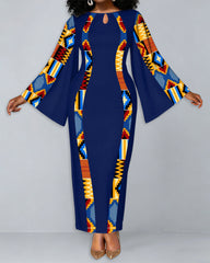 Ankara Printed Patchwork Round Neck Bell Sleeve Bodycon Long Dress