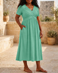 Rossover V-Neck Midi Dress with Pockets