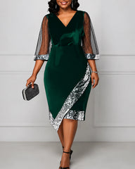 Women's Gold Velvet Irregular Sequins See-through Mesh Dress