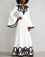 Flared Sleeves Loose Contrast Color Hollow Stand Collar Maxi Dresses