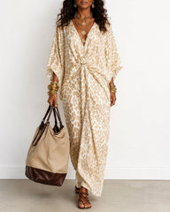V-Neck Batwing Sleeves Ruched Waist Leopard Print Maxi Dress