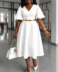 V-Neck Flared Sleeve Midi Swing Dress