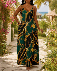 Sling Gold Chain Color-blocked Print Pocket Maxi Dress