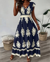 Women's Elegant Short Sleeve V-Neck High Waist Elastic Waistband Boho Pattern Print Maxi Dress