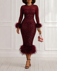 Sequin Mesh Long Sleeve Feather Trim Bodycon Dress Midi Dress