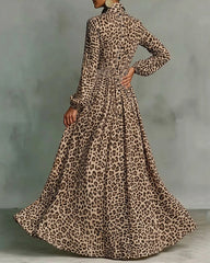Long Sleeves Buttoned Contrast Color Leopard Pleated Pockets Lapel Maxi Dresses